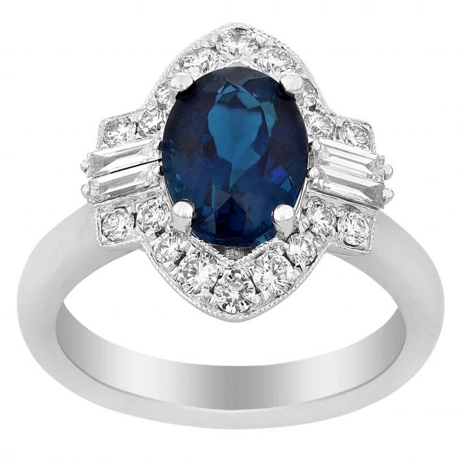 Marquise Indicolite Tourmaline Ring with Diamond Halo & Baguette Sides Stones in White Gold