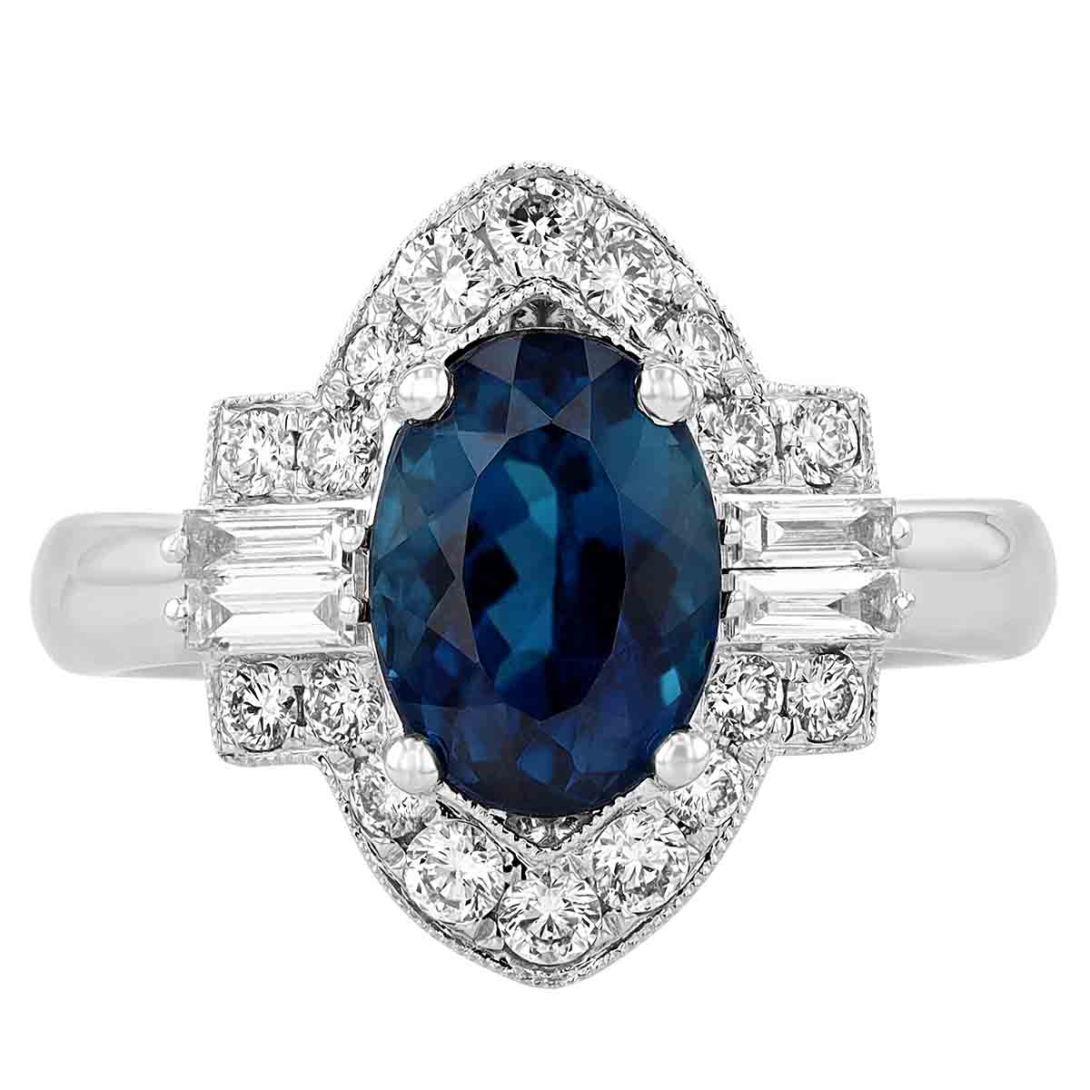 Marquise Indicolite Tourmaline Ring with Diamond Halo & Baguette Sides Stones in White Gold