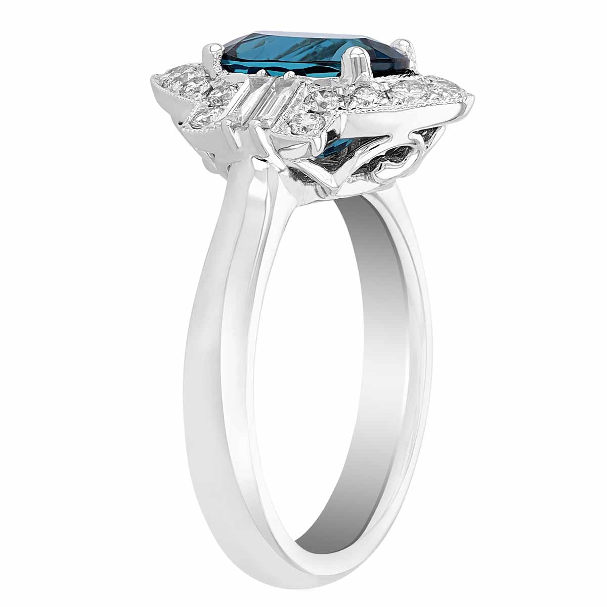 Marquise Indicolite Tourmaline Ring with Diamond Halo & Baguette Sides Stones in White Gold