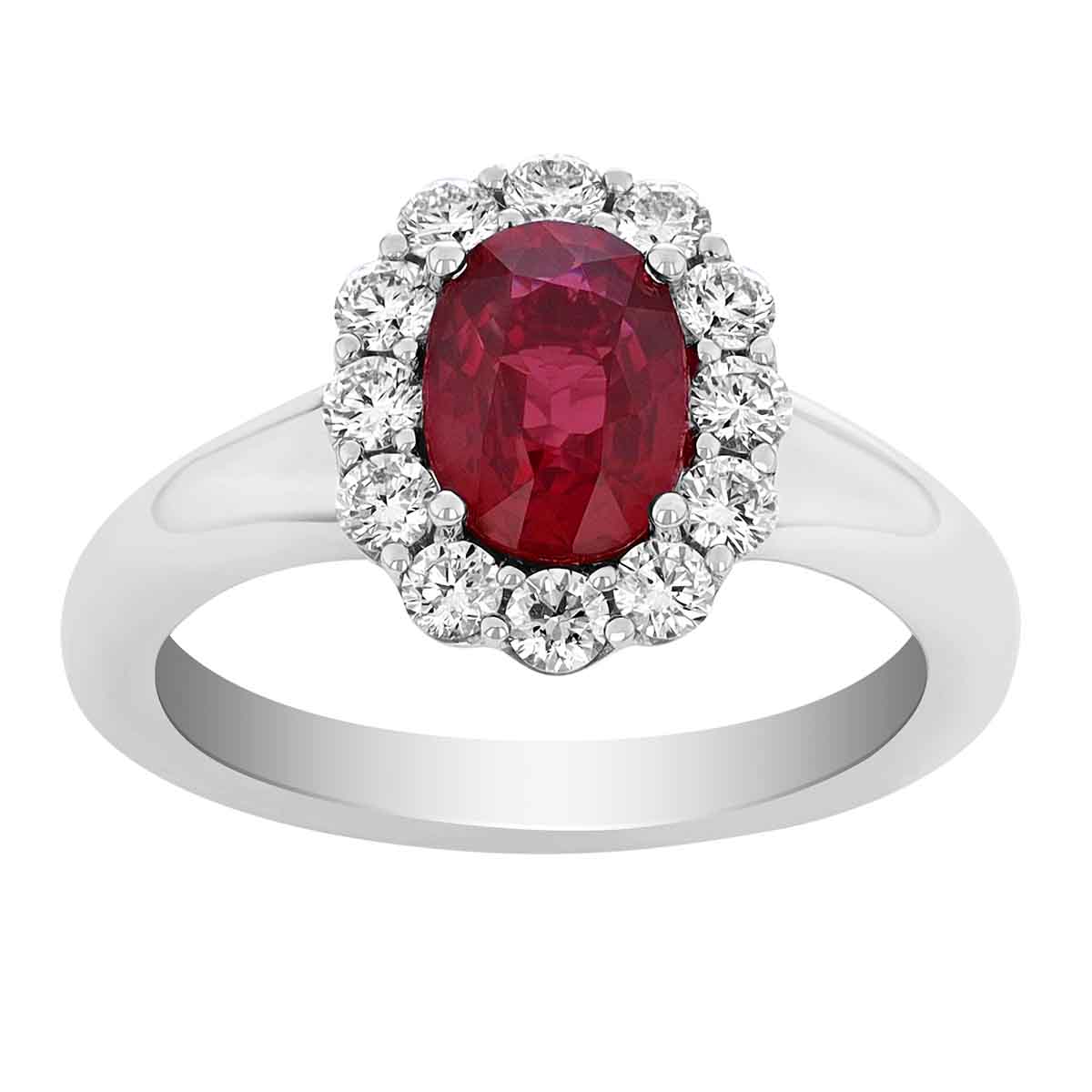 Oval Ruby & Diamond Halo Ring in White Gold