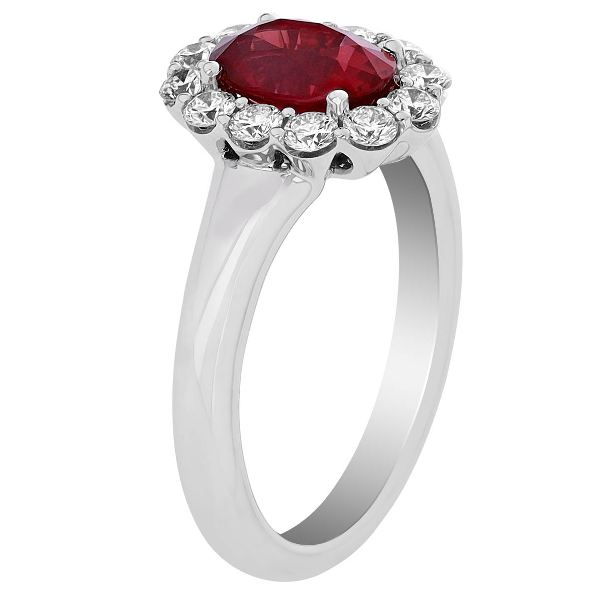 Oval Ruby & Diamond Halo Ring in White Gold