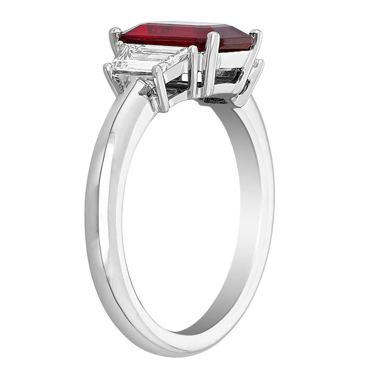 Emerald Cut Ruby & Diamond 3 Stone Ring in Platinum