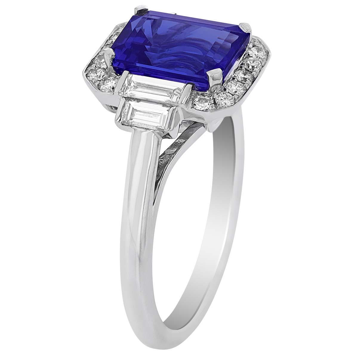 Emerald Cut Tanzanite Ring with Diamond Halo & Baguette Side Stones in White Gold