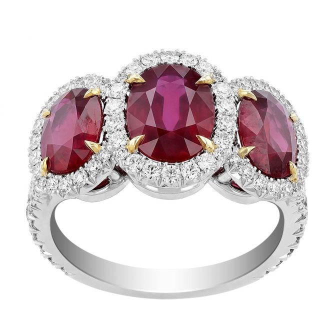 Omi Prive Oval Ruby & Diamond Halo 3 Stone Ring in Platinum