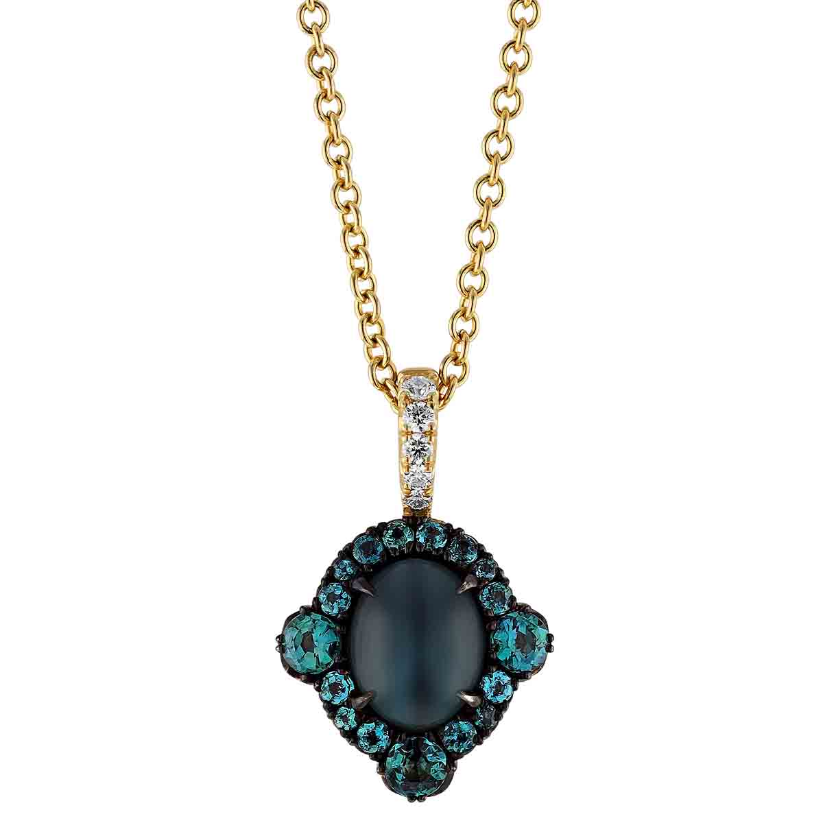 Omi Prive Oval Cat's Eye Chrysoberyl Cabochon & Alexandrite Halo Pendant in Yellow Gold