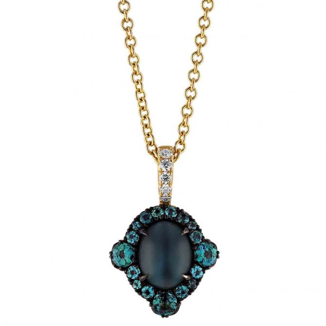 Omi Prive Oval Cat's Eye Chrysoberyl Cabochon & Alexandrite Halo Pendant in Yellow Gold