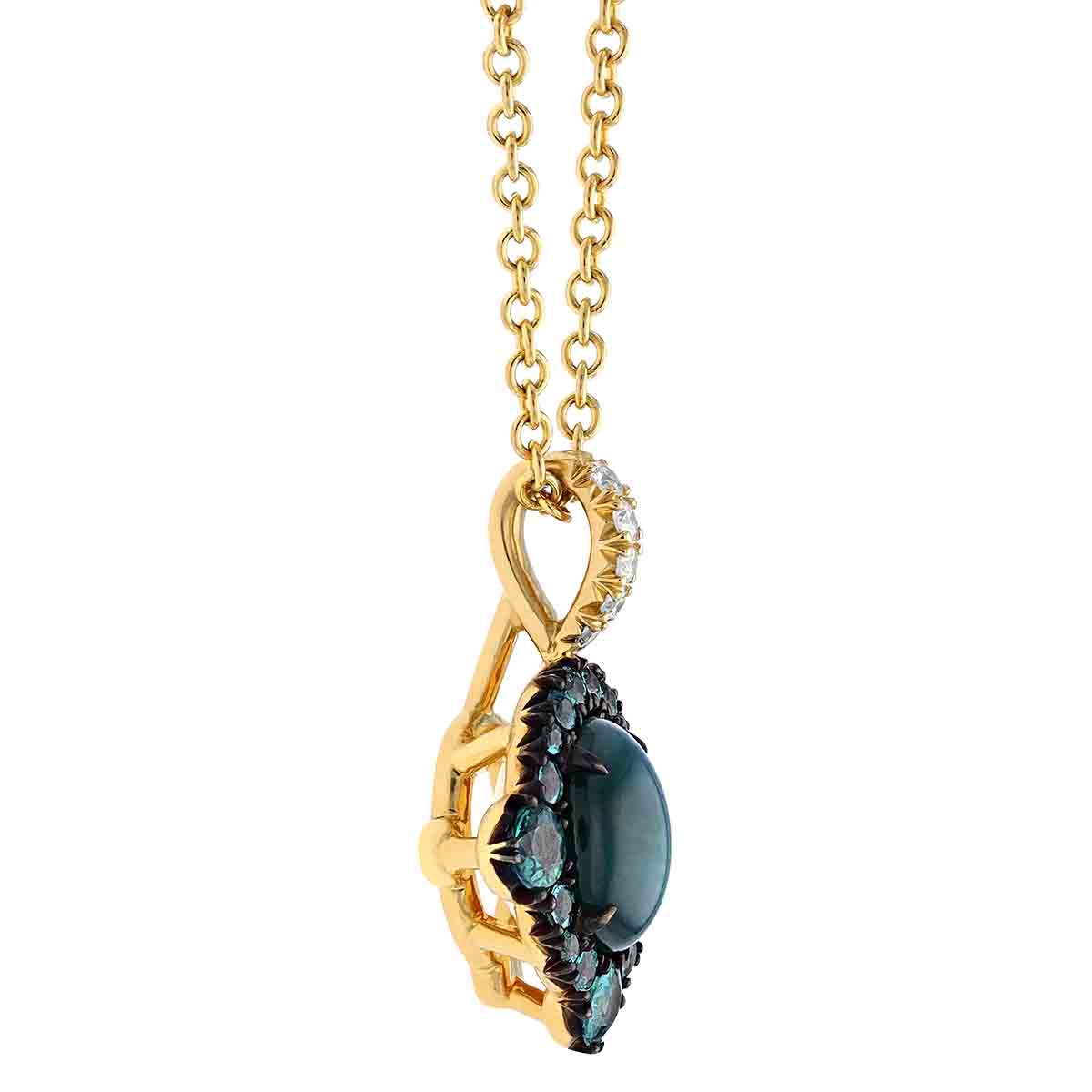 Omi Prive Oval Cat's Eye Chrysoberyl Cabochon & Alexandrite Halo Pendant in Yellow Gold