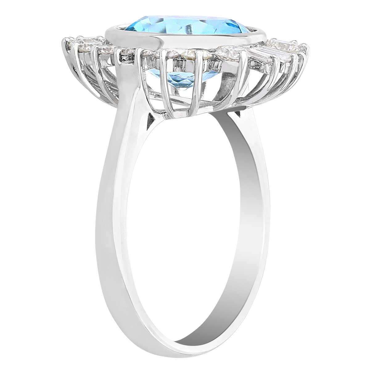 Doves Little Bird Round Blue Topaz Ring with Baguette & Round Diamond Halo in White Gold