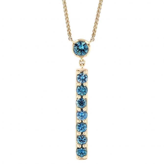 Montana Sapphire Vertical Bar Drop Pendant in Yellow Gold, 18"