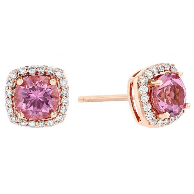 Lotus Garnet & Diamond Cushion Halo Stud Earrings in Rose Gold