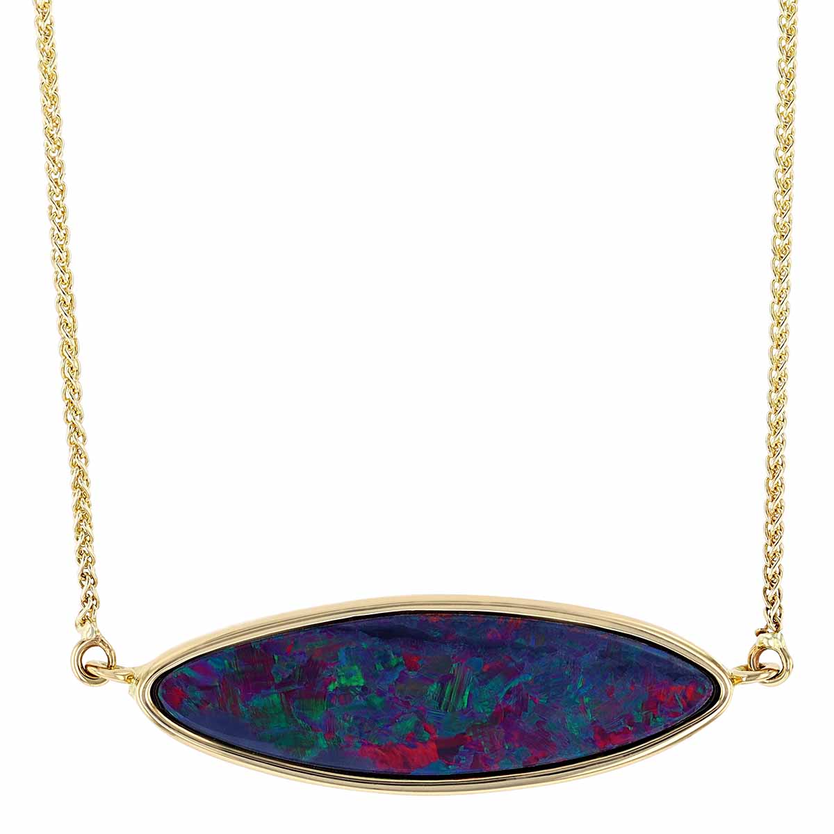Opal Doublet Horizontal Marquise Bezel Set Necklace in Yellow Gold, 18