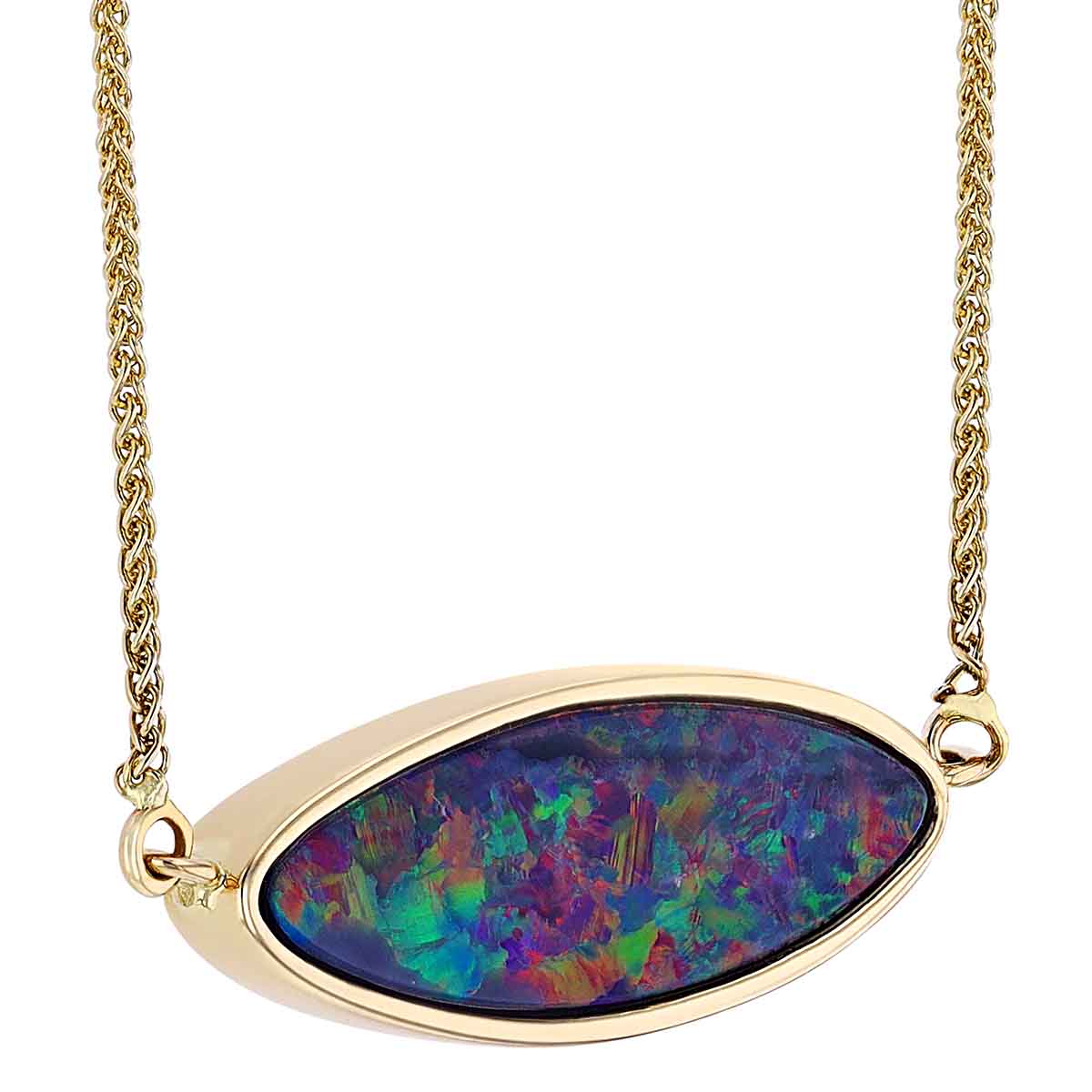 Opal Doublet Horizontal Marquise Bezel Set Necklace in Yellow Gold, 18