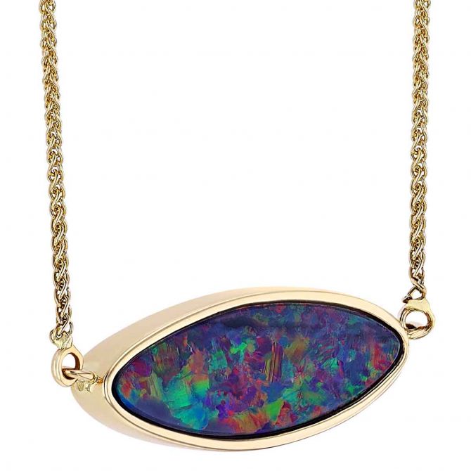 Opal Doublet Horizontal Marquise Bezel Set Necklace in Yellow Gold