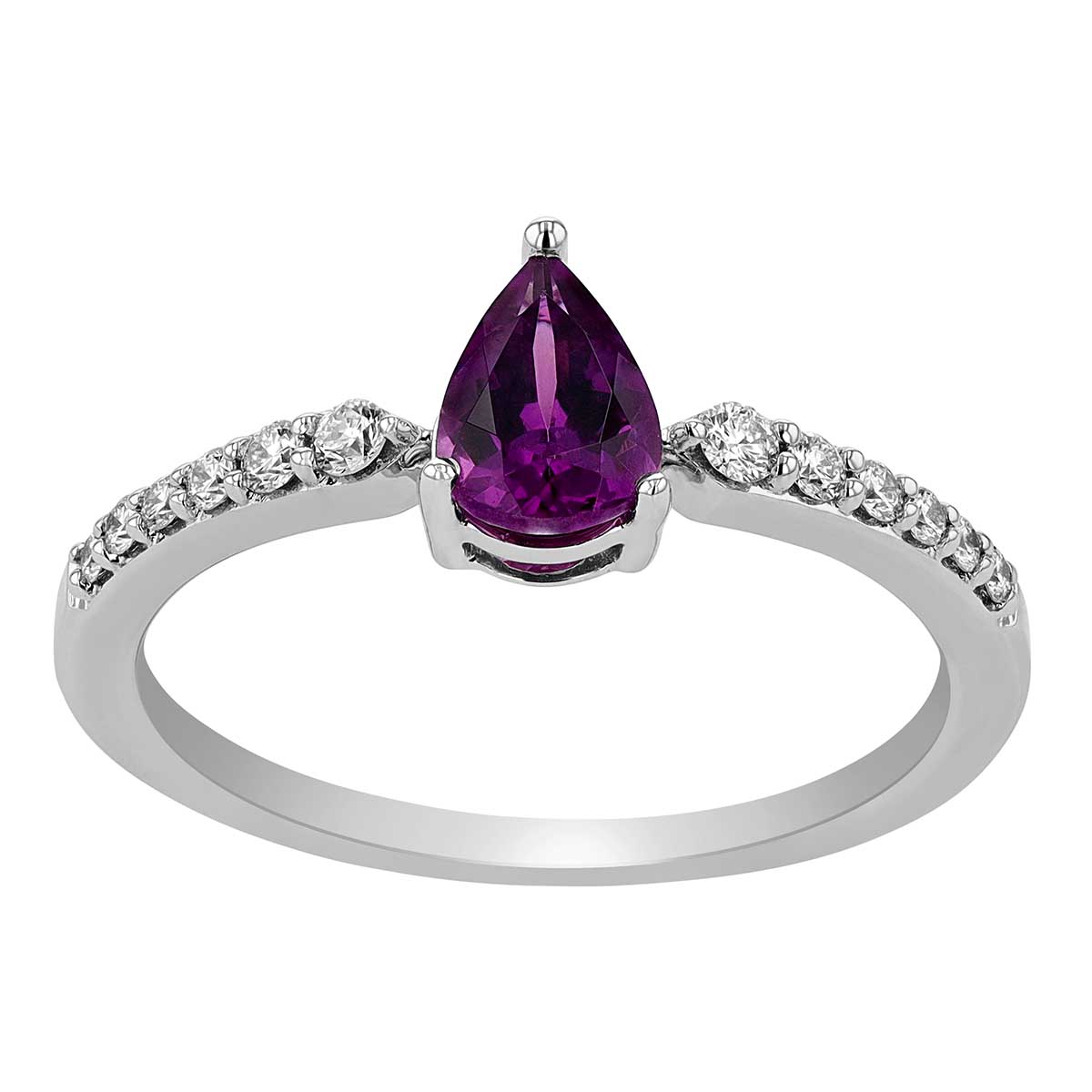 Pear Shaped Purple Garnet Ring with Diamond Side Stones in White Gold