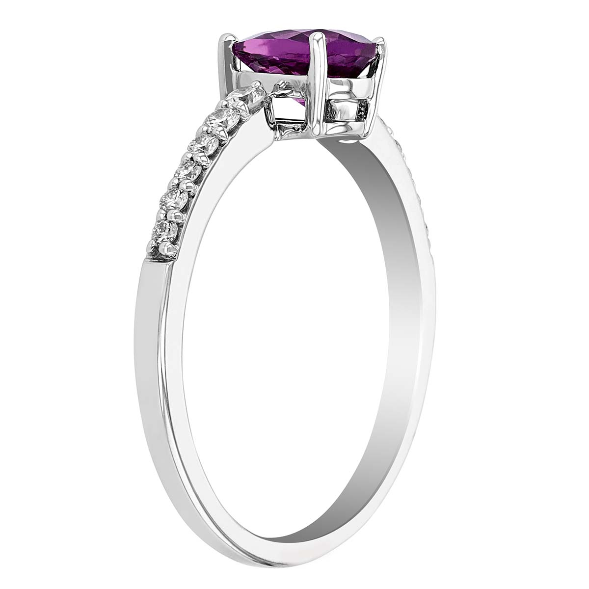 Pear Shaped Purple Garnet Ring with Diamond Side Stones in White Gold