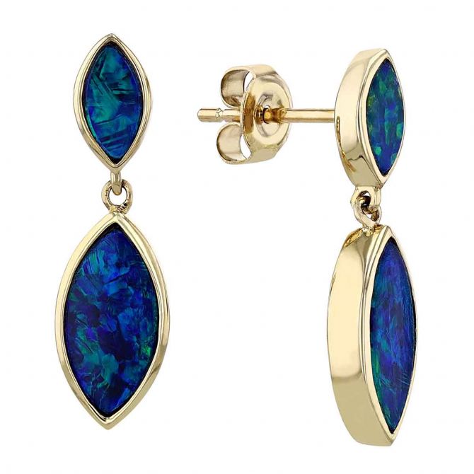 Opal Doublet Marquise Shaped Bezel Set Double Drop Post Back Earrings in Yellow Gold