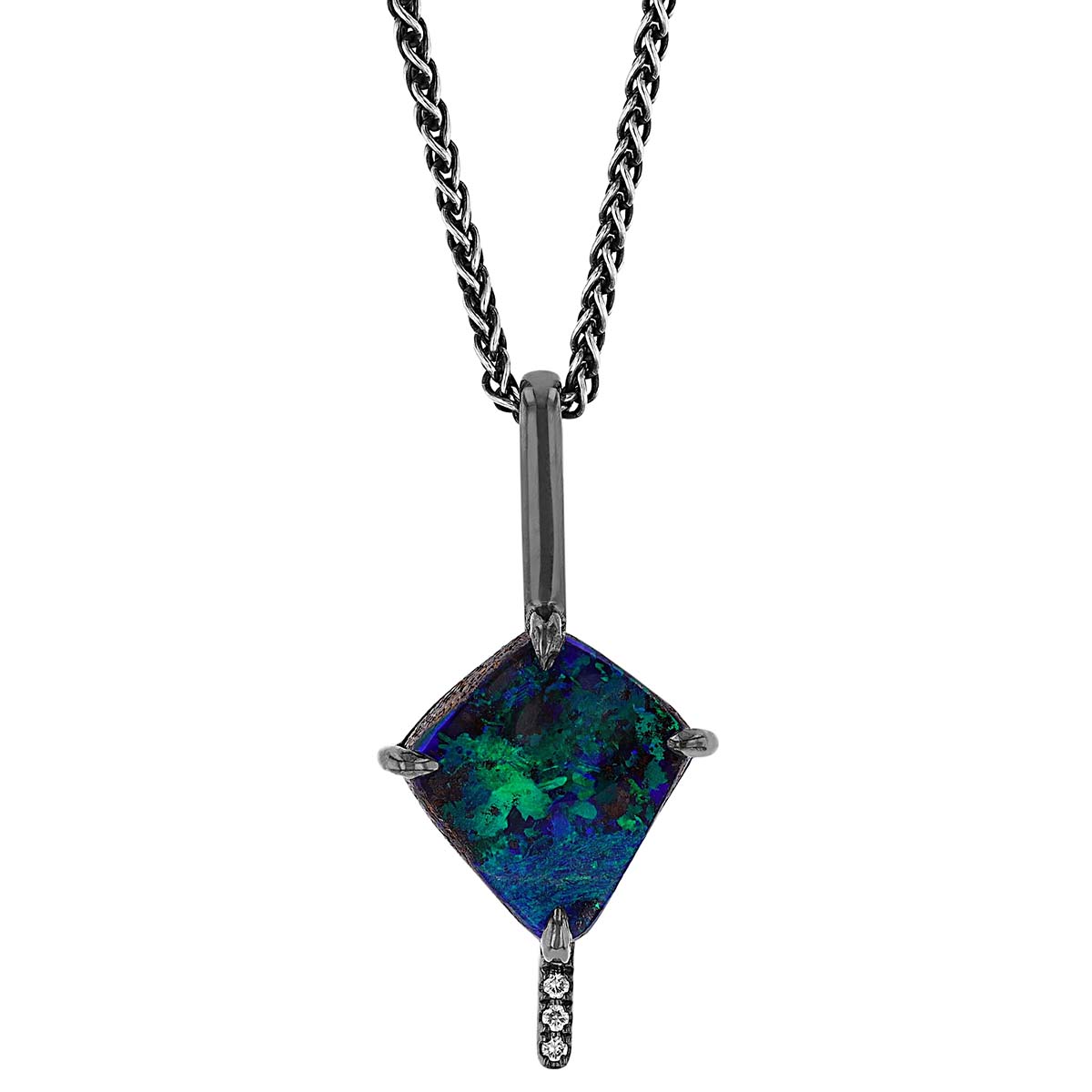 Boulder Opal & Diamond Bar Pendant in Sterling Silver & Black Rhodium