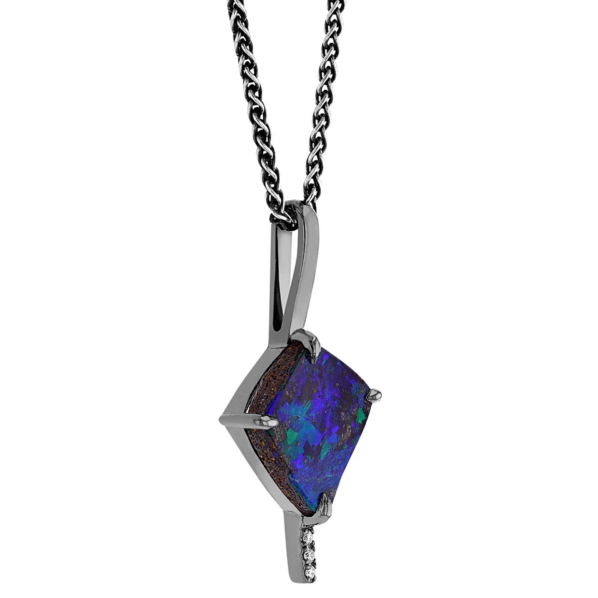 Boulder Opal & Diamond Bar Pendant in Sterling Silver & Black Rhodium