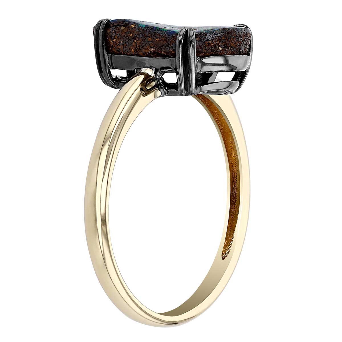 Boulder Opal Ring in Yellow Gold with Black Rhodium Prongs