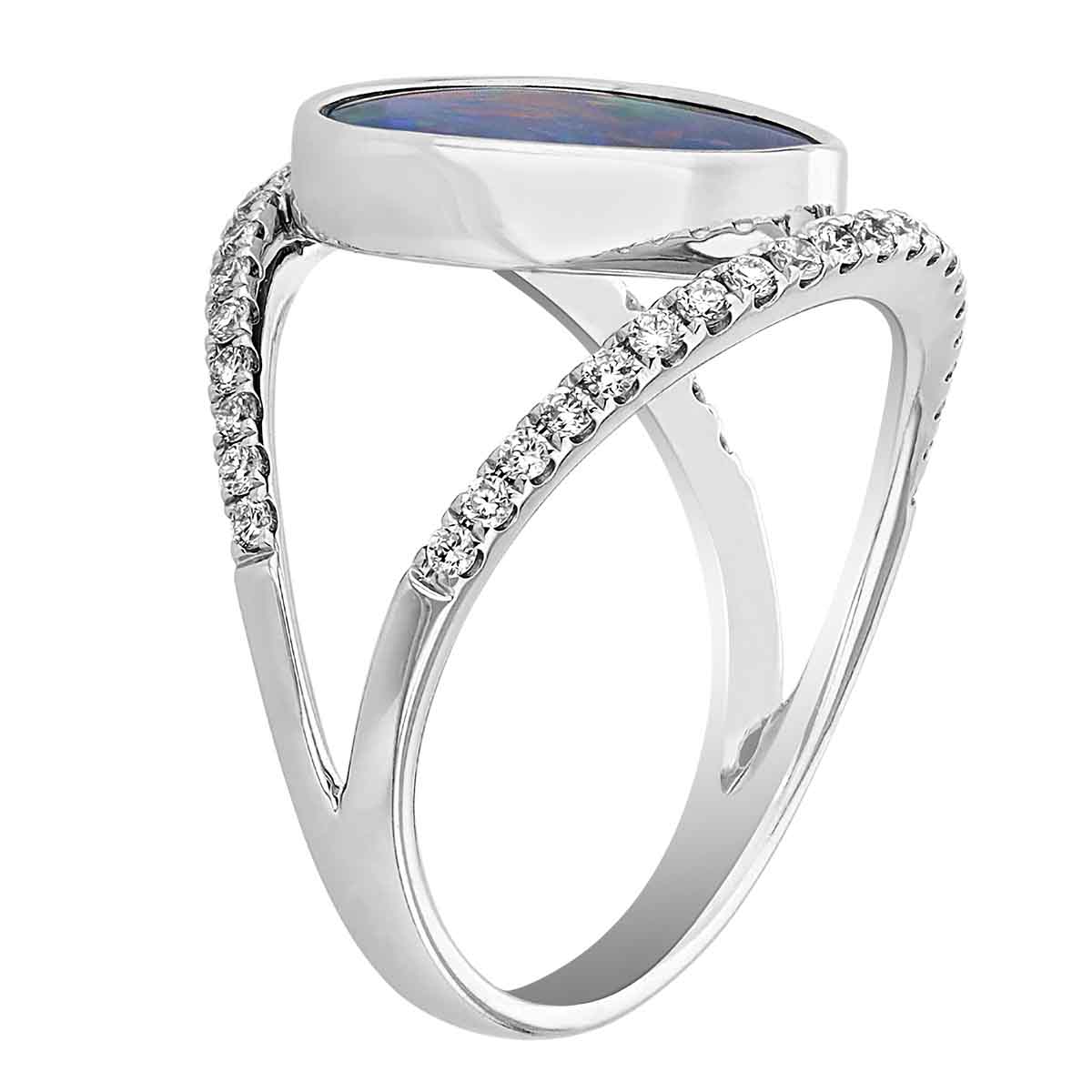 Opal Doublet Freeform Ring with Open 2 Row Diamond Shank in White Gold