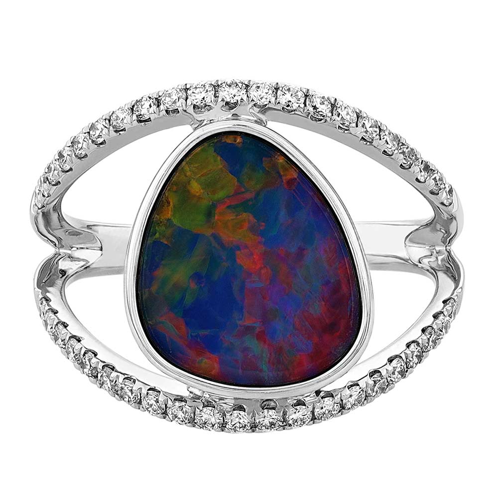 Opal Doublet Freeform Ring with Open 2 Row Diamond Shank in White Gold