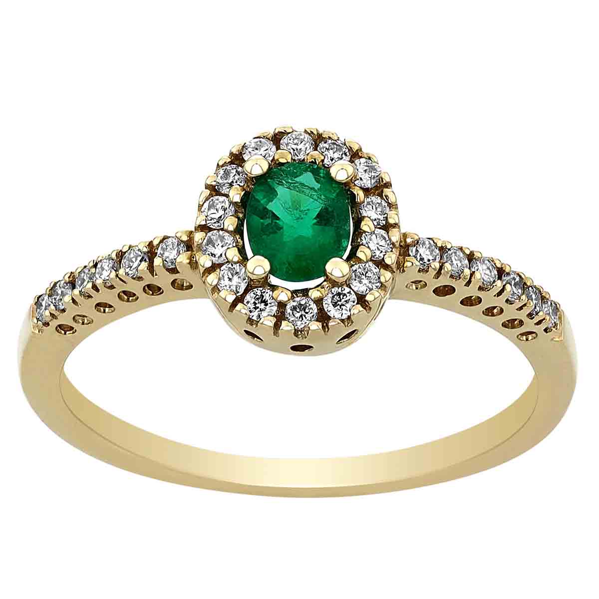 Oval Emerald Petite Ring with Diamond Halo & Side Stones in Yellow Gold
