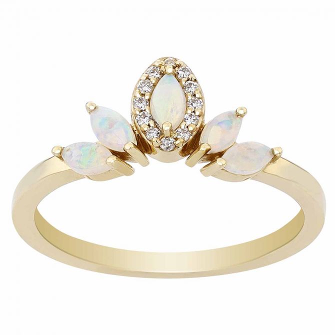 White Opal & Diamond Halo Marquise Shaped Tiara Petite Ring in Yellow Gold
