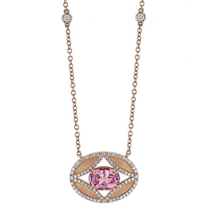 Oval Lotus Garnet Pendant with 4 Point Star Cutout & Diamonds in Rose Gold, 18"