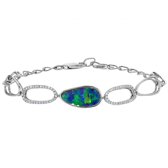Opal Doublet & Diamond Open Link Freeform Bracelet in White Gold, 8"