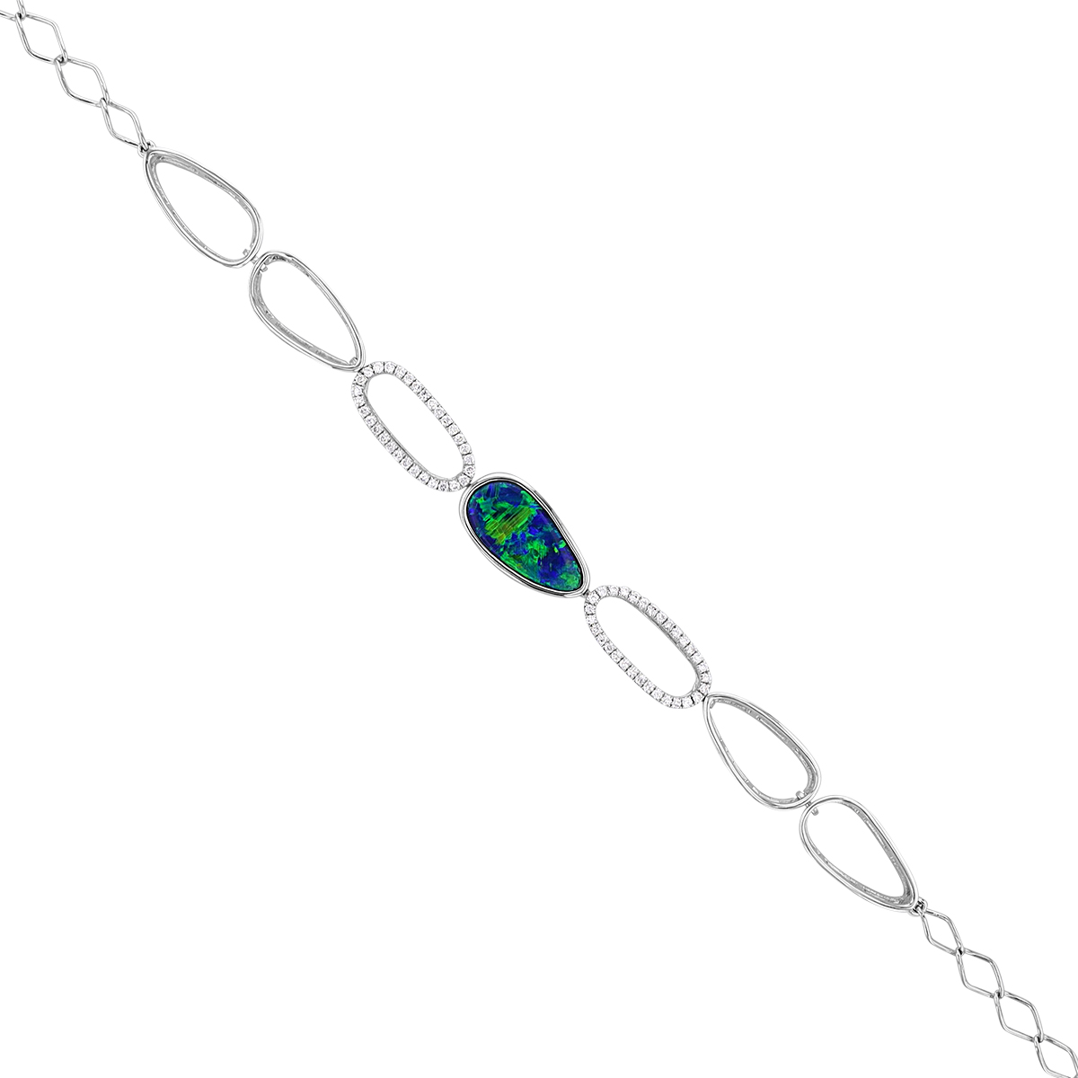 Opal Doublet & Diamond Open Link Freeform Bracelet in White Gold, 8