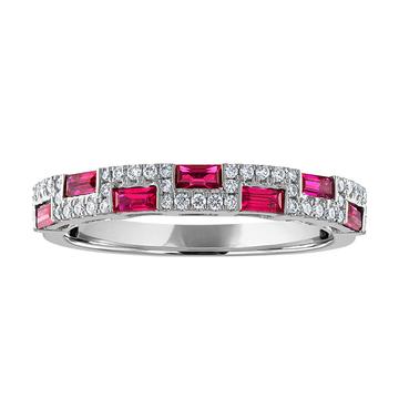 Ruby Baguette & Diamond Pavé Brick Pattern 2 Row Ring in White Gold