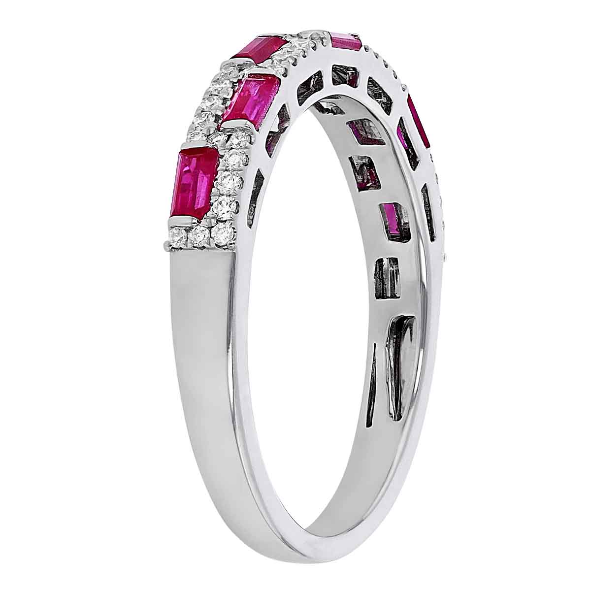 Ruby Baguette & Diamond Pavé Brick Pattern 2 Row Ring in White Gold
