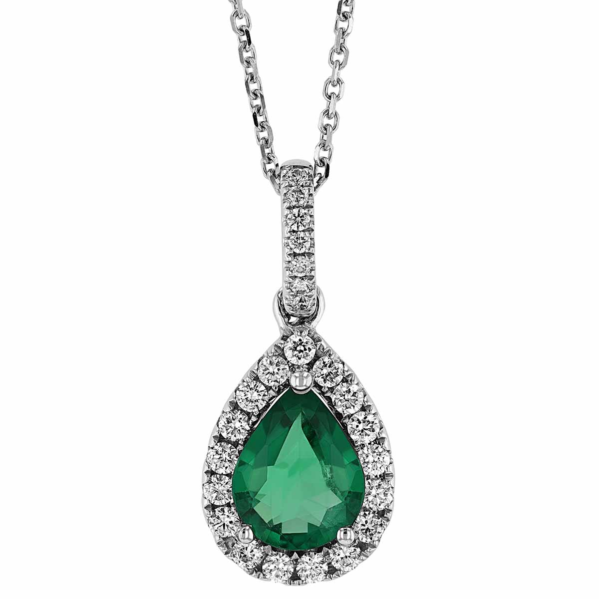 Pear Shaped Emerald & Diamond Halo Pendant in White Gold, 16