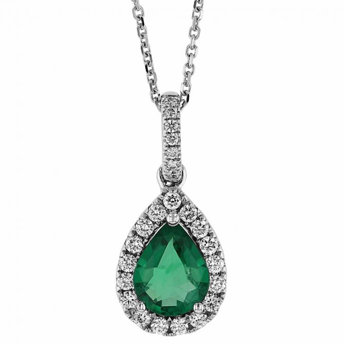 Pear Shaped Emerald & Diamond Halo Pendant in White Gold, 16"