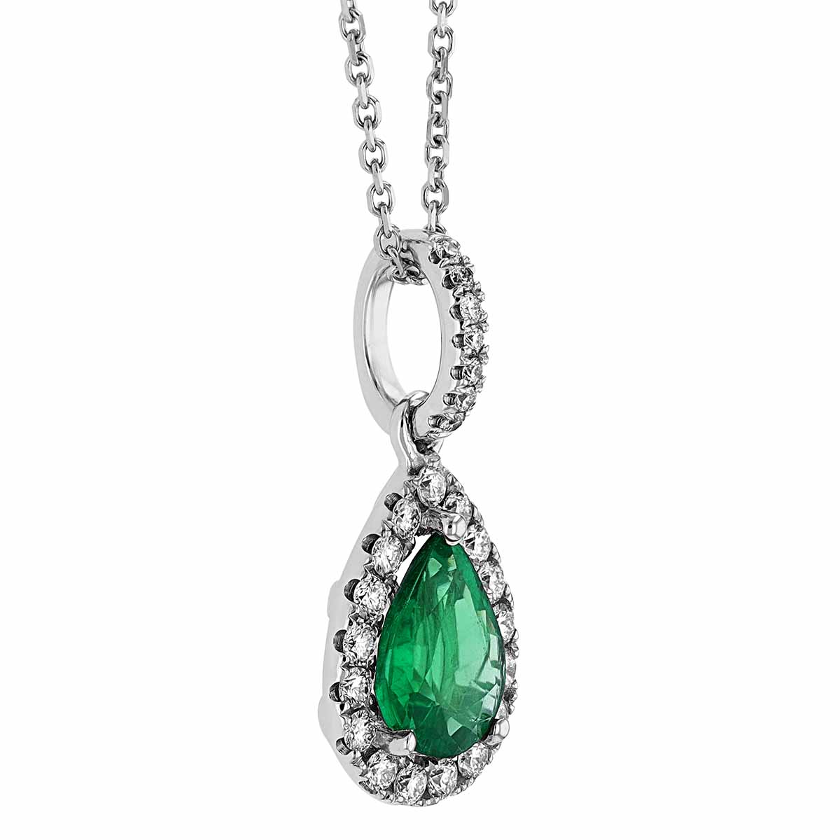 Pear Shaped Emerald & Diamond Halo Pendant in White Gold, 16
