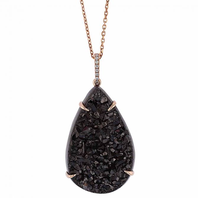 Black Drusy Quartz Pear Shaped Pendant with Diamond Bail in Rose Gold, 18"