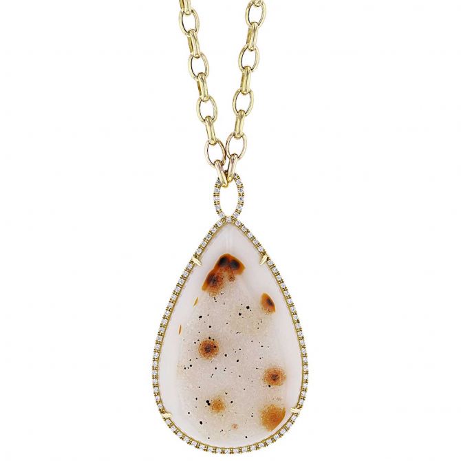 Drusy Quartz Pear Shaped Pendant with Diamond Halo in Yellow Gold, 18"
