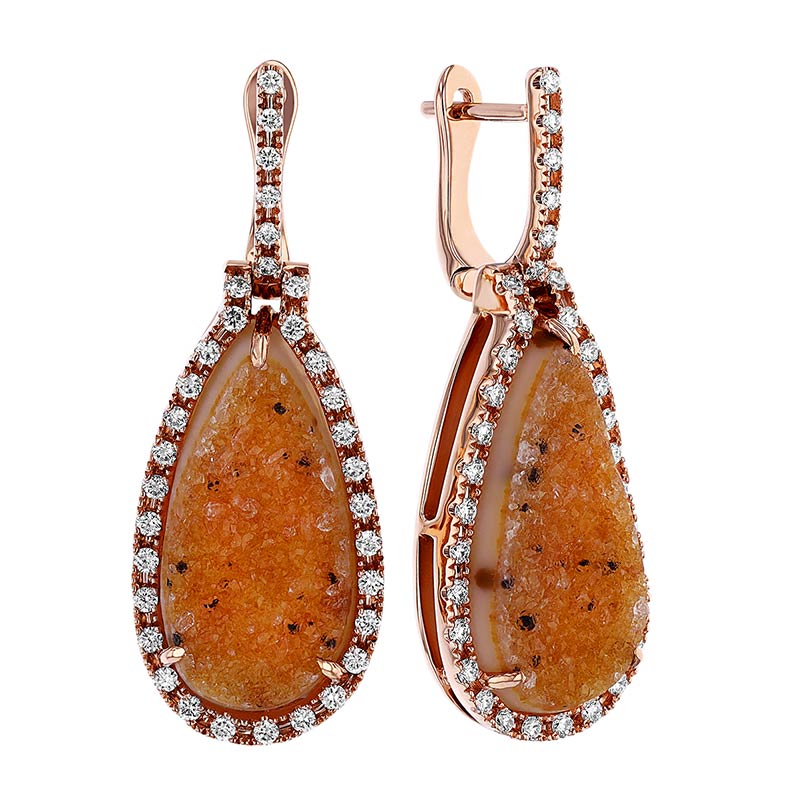 Orange Drusy Quartz & Diamond Halo Leverback Drop Earrings in Rose Gold