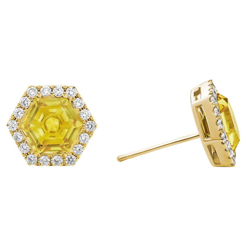 Hexagon Citrine & Diamond Halo Stud Earrings in Yellow Gold