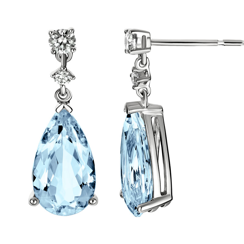 Pear Shaped Aquamarine & Diamond Drop Earrings in White Gold