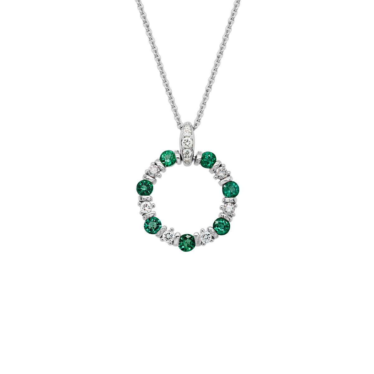 Emerald & Diamond Bar Set Open Circle Pendant in White Gold, 18