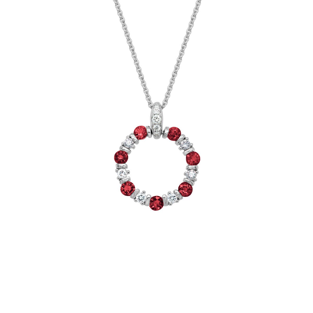 Ruby & Diamond Bar Set Open Circle Pendant in White Gold, 18