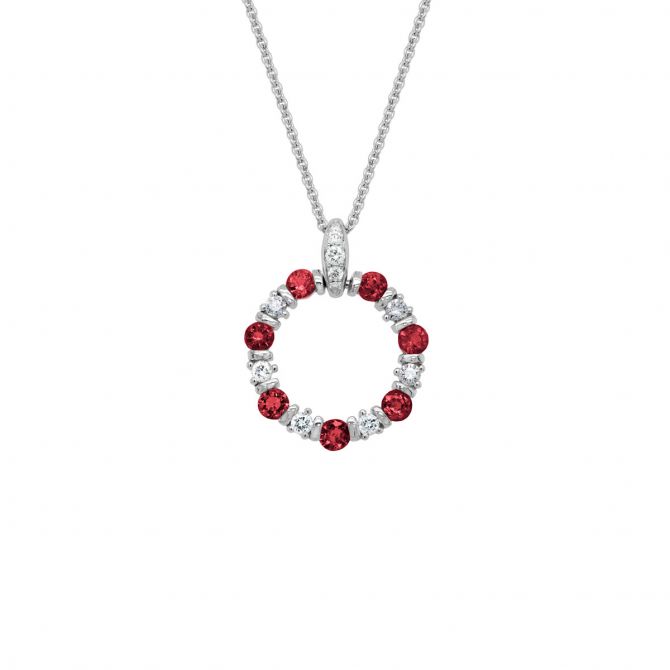 Ruby & Diamond Bar Set Open Circle Pendant in White Gold, 18"