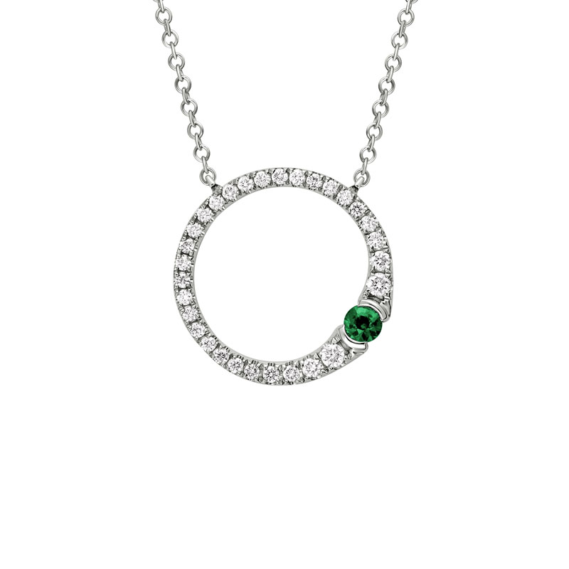 Emerald & Diamond Graduated Open Circle Pendant in White Gold, 18