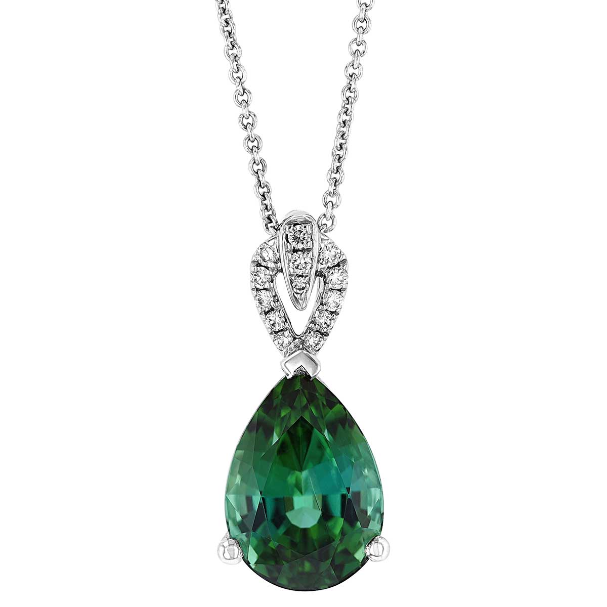 Pear Shaped Green Tourmaline & Diamond Bail Pendant in White Gold, 18