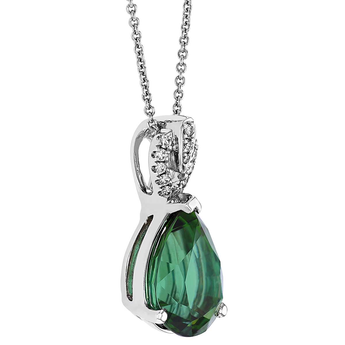 Pear Shaped Green Tourmaline & Diamond Bail Pendant in White Gold, 18