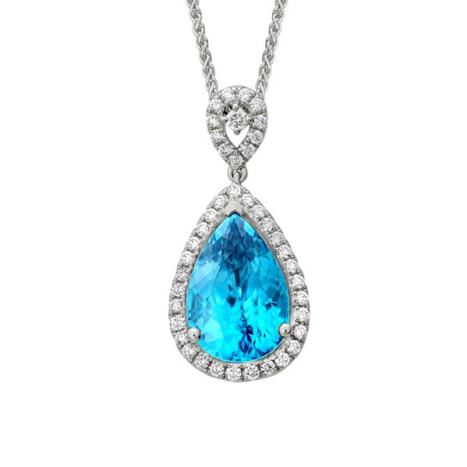 Pear Shaped Blue Zircon & Diamond Halo Pendant in White Gold, 18"