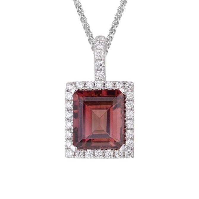 Pink Tourmaline Emerald Cut Pendant with Diamond Halo in White Gold, 18"