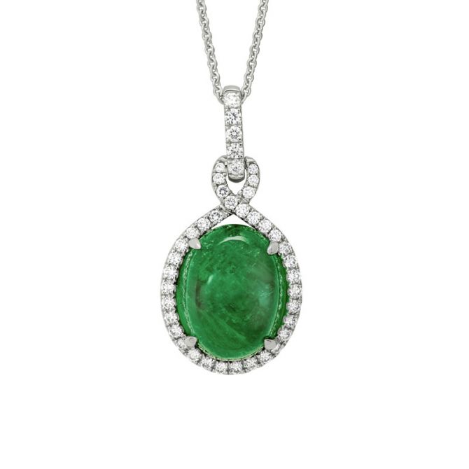 Oval Emerald Cabochon & Diamond Halo Looping Bail Pendant in White Gold, 18"