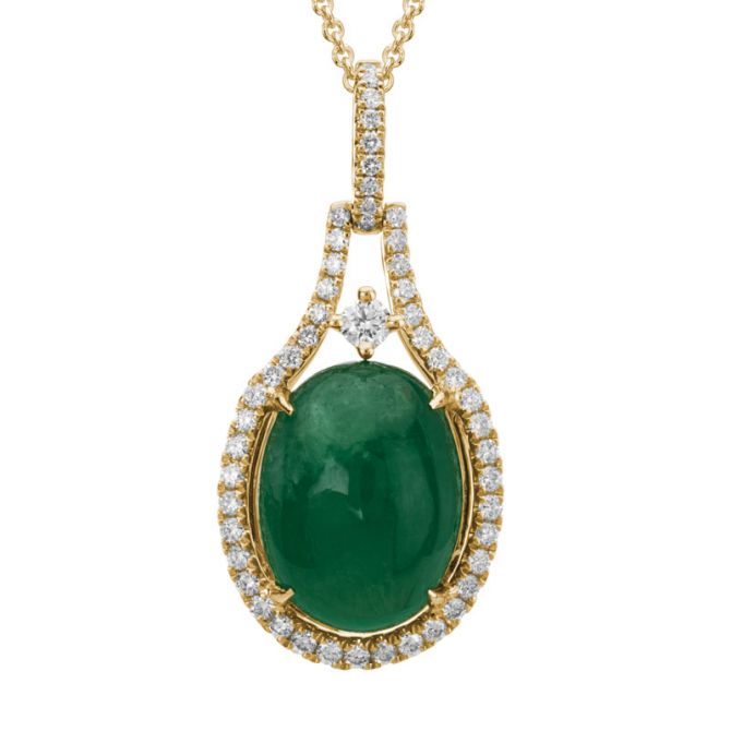 Oval Emerald Cabochon & Open Diamond Halo Pendant in Yellow Gold, 18"